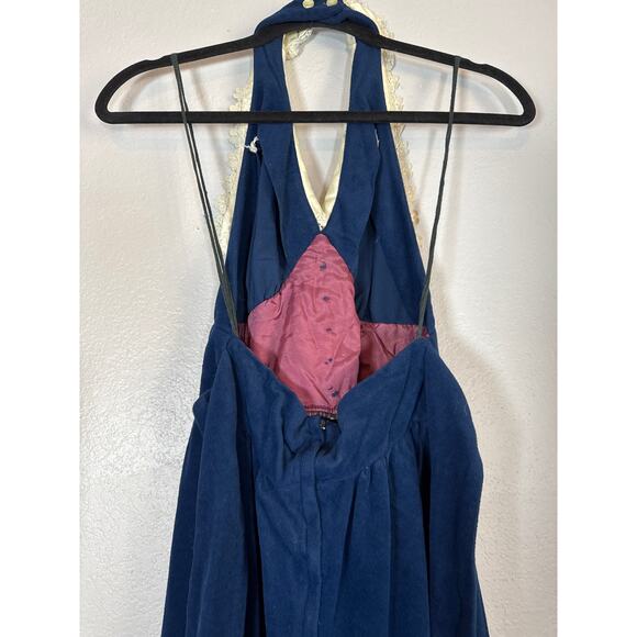 Vintage Navy Blue Halter Dress Lace Collar Cottage Luxe Small 7 Velour Victorian - Picture 6 of 7